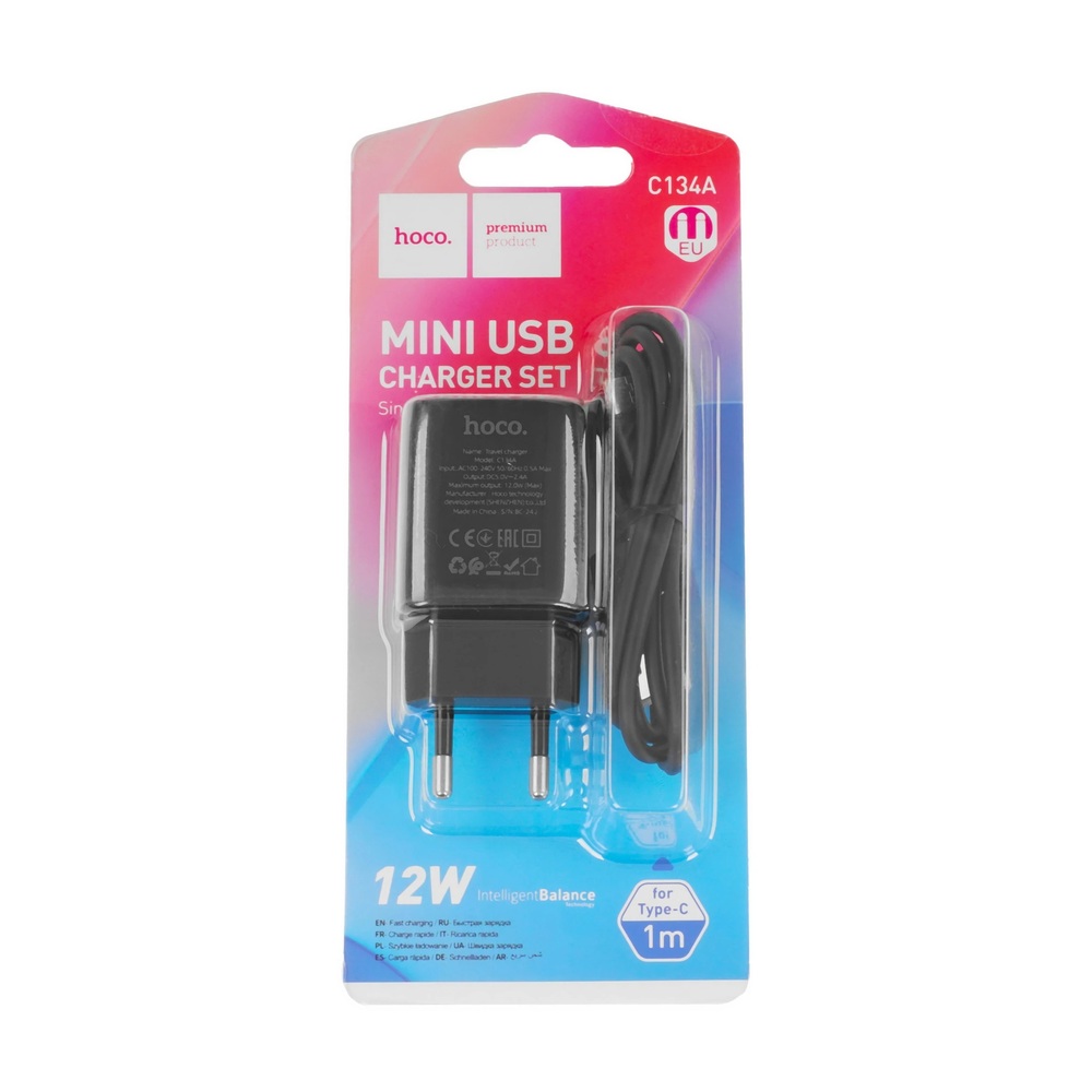 Зарядное устройство Hoco C134A Solid USB 2,4A/12W (USB/Type-C) (black)