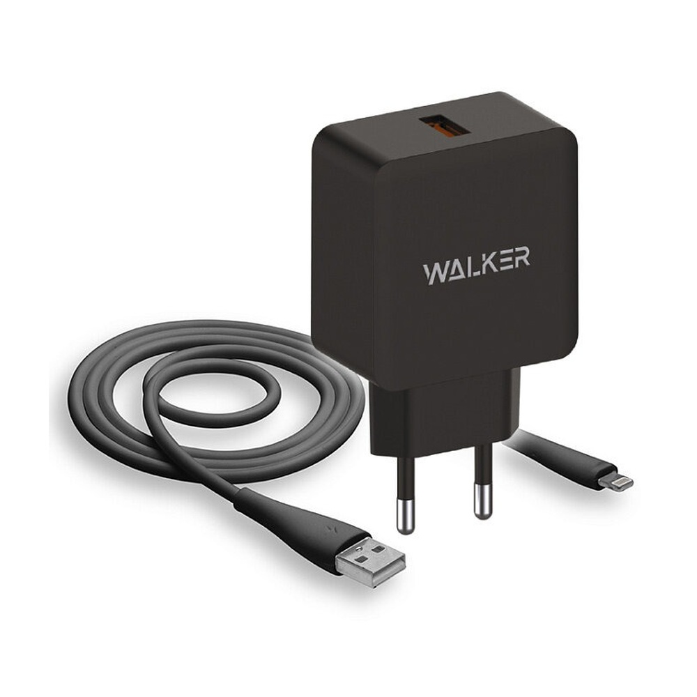 Зарядное устройство WALKER,18W, USBx1, быстрая зарядка QC 3.0 блок + кабель Lightning, черный