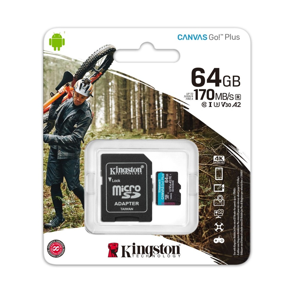 Карта памяти Kingston microSDXC Canvas Go Plus 64 ГБ Class 10 UHS-I U3 с адаптером