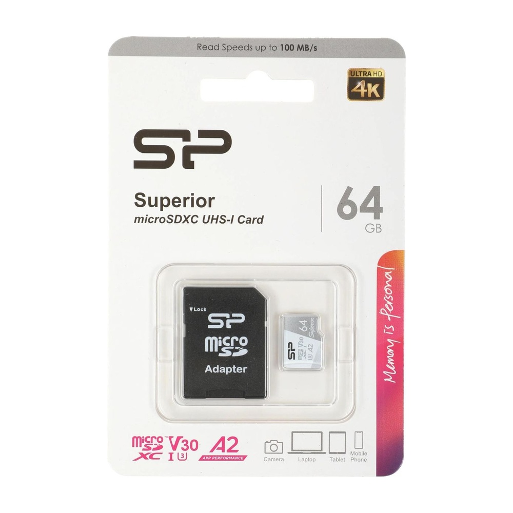 Карта памяти Silicon Power microSDXC Superior 64 ГБ UHS-I U3